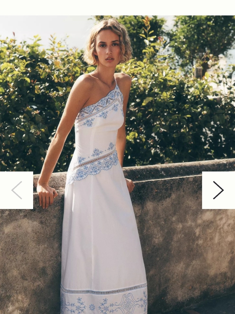 FARM Rio White One-Shoulder Maxi Dress with Blue Embroidery